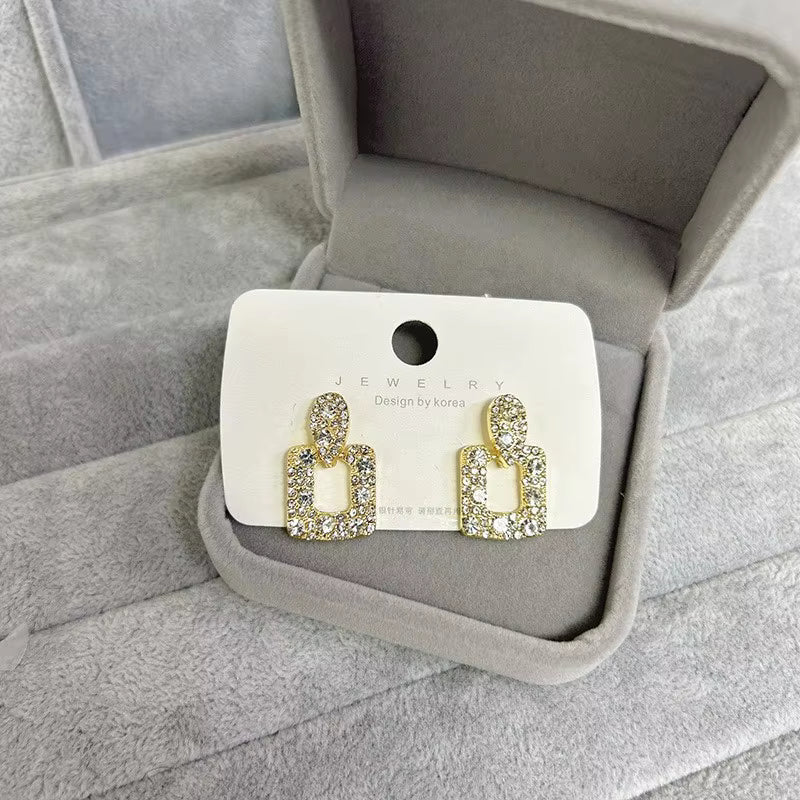 Golden Zirconia New Square Geometric Diamond Style Stud Earrings Female Korean Personality Earrings For Girls | S925 Needle Earring