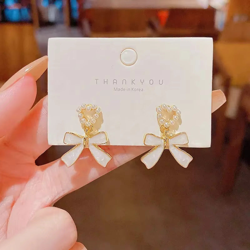 2026 Best Selling Women White Pearl Bow & Heart Earrings Korean Fashion Earring Products Cute Jewelry for Girls