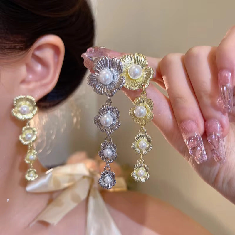 Vintage French Shinny Golden & Silver Flower New Style Women Sweet Temperament Jewelry Long Tassel Earrings For Girls | S925 Needle Earring