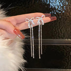 Korean Jewellery Shinny Silver Bow Long Chain Rhinestone Crystal Designing New Style Women Sweet Temperament Jewelry Tassel Earrings For Girls | S925 Needle Earring
