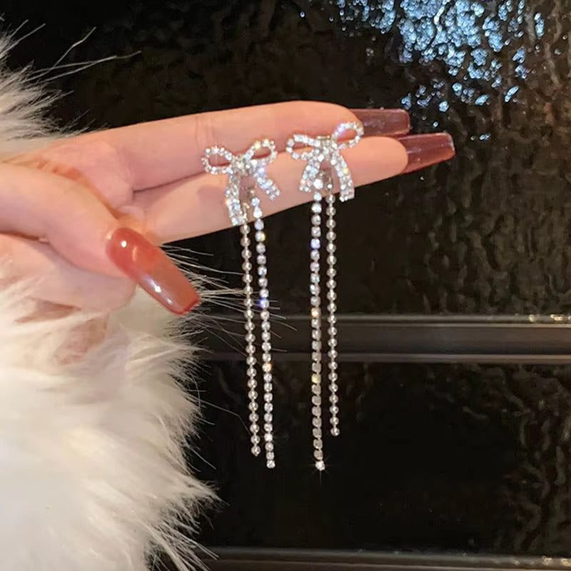 Korean Jewellery Shinny Silver Bow Long Chain Rhinestone Crystal Designing New Style Women Sweet Temperament Jewelry Tassel Earrings For Girls | S925 Needle Earring