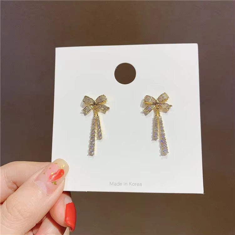 Korean Jewellery Shinny Golden Bow Long Chain Rhinestone Crystal Designing New Style Women Sweet Temperament Jewelry Tassel Earrings For Girls | S925 Needle Earring