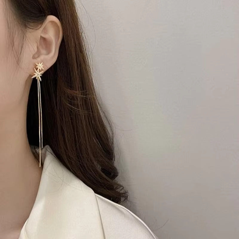 Korean Jewellery Shinny Golden Star Long Chain Rhinestone Crystal Designing New Style Women Sweet Temperament Jewelry Tassel Earrings For Girls | S925 Needle Earring