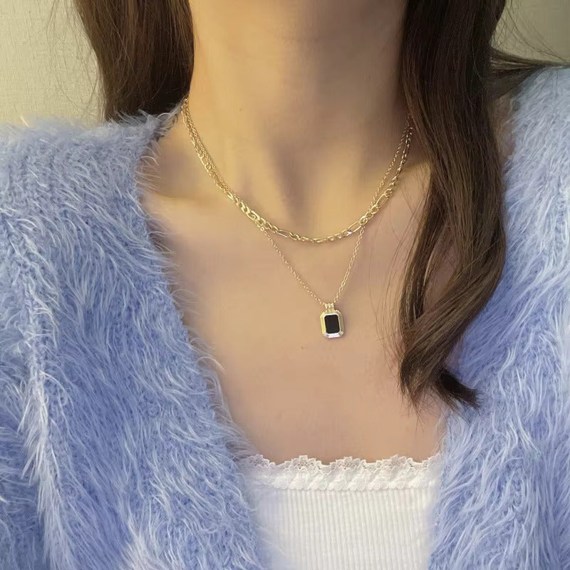 Golden Double Chain Black Pendant choker Necklace Jewellery For Girls | Korean Jewellery - Gold Chain Neck Statement Collar Chains Choker Shining Female Choker Korean Jewellery
