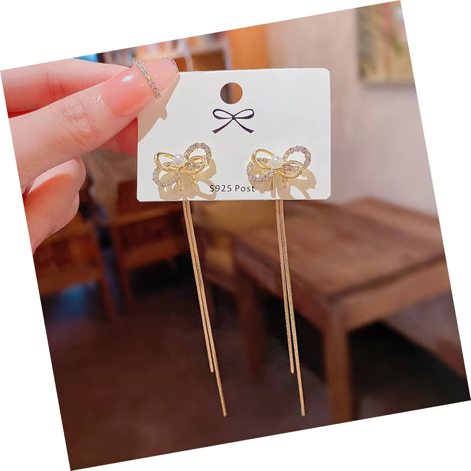 Korean Jewellery Shinny Golden Bow Long Chain Rhinestone Crystal Designing New Style Women Sweet Temperament Jewelry Tassel Earrings For Girls | S925 Needle Earring