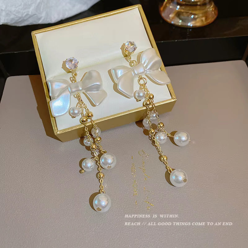 Korean Jewellery White Bow Golden Long Chain New Style Women Sweet Temperament Jewelry Tassel Earrings For Girls | S925 Needle Earring