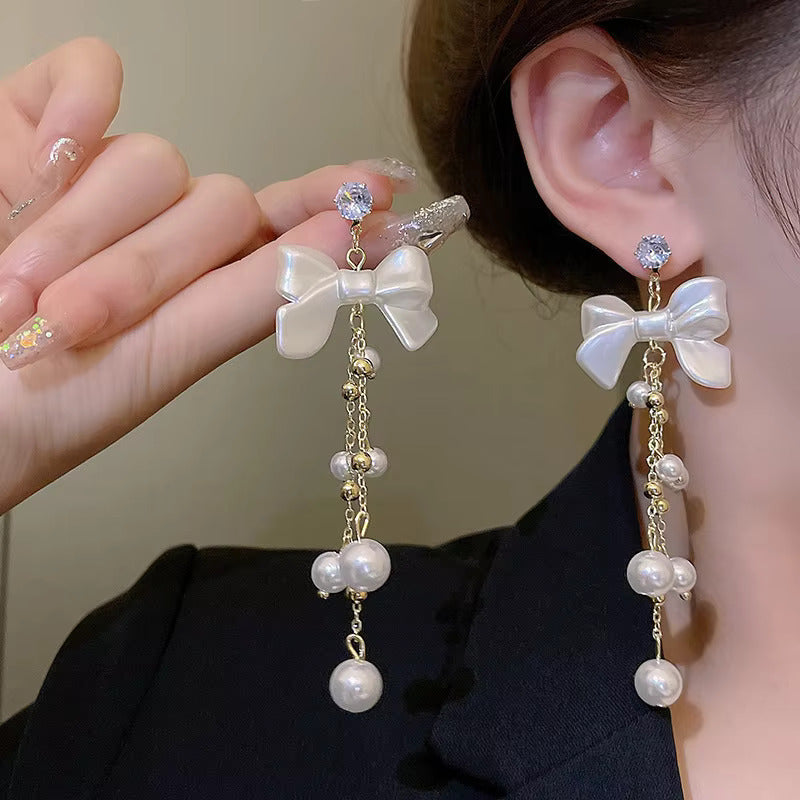 Korean Jewellery White Bow Golden Long Chain New Style Women Sweet Temperament Jewelry Tassel Earrings For Girls | S925 Needle Earring