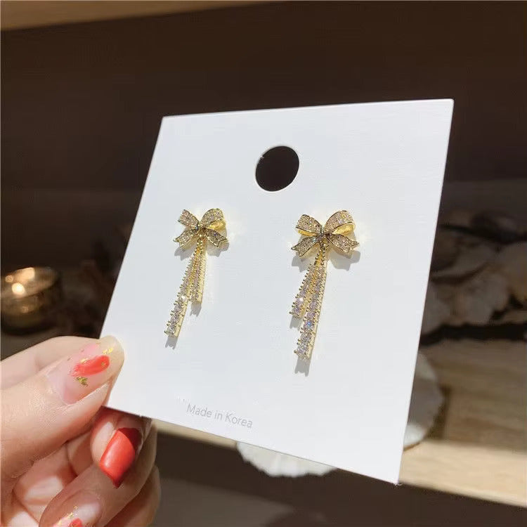Korean Jewellery Shinny Golden Bow Long Chain Rhinestone Crystal Designing New Style Women Sweet Temperament Jewelry Tassel Earrings For Girls | S925 Needle Earring