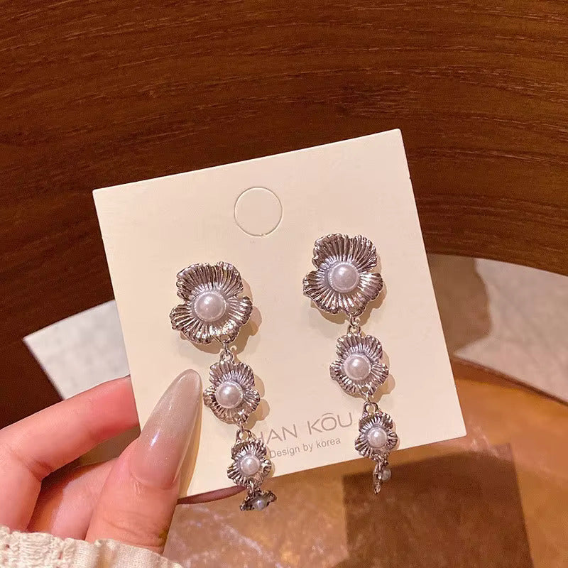 Vintage French Shinny Golden & Silver Flower New Style Women Sweet Temperament Jewelry Long Tassel Earrings For Girls | S925 Needle Earring