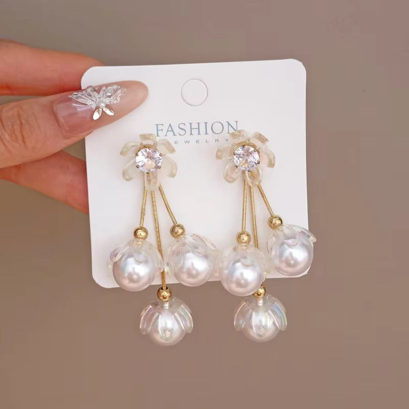 Korean Jewellery White Dreamy Flower Pearl Golden Long Chain New Style Women Sweet Temperament Jewelry Tassel Earrings For Girls | S925 Needle Earring