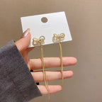 Korean Jewellery Shinny Golden Bow Long Chain Rhinestone Crystal Designing New Style Women Sweet Temperament Jewelry Tassel Earrings For Girls | S925 Needle Earring