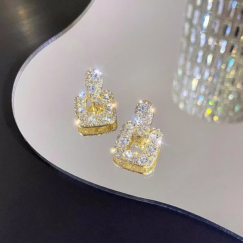 Golden Zirconia New Square Geometric Diamond Style Stud Earrings Female Korean Personality Earrings For Girls | S925 Needle Earring