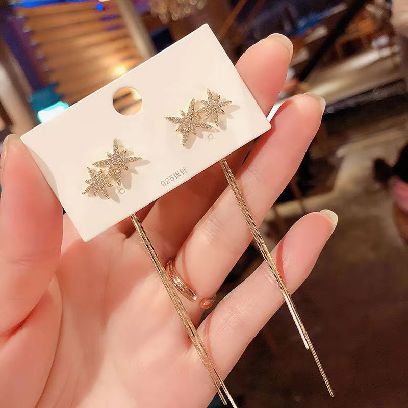 Korean Jewellery Shinny Golden Star Long Chain Rhinestone Crystal Designing New Style Women Sweet Temperament Jewelry Tassel Earrings For Girls | S925 Needle Earring