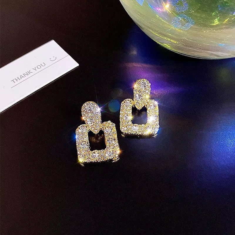 Golden Zirconia New Square Geometric Diamond Style Stud Earrings Female Korean Personality Earrings For Girls | S925 Needle Earring
