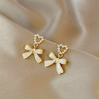 2026 Best Selling Women White Pearl Bow & Heart Earrings Korean Fashion Earring Products Cute Jewelry for Girls