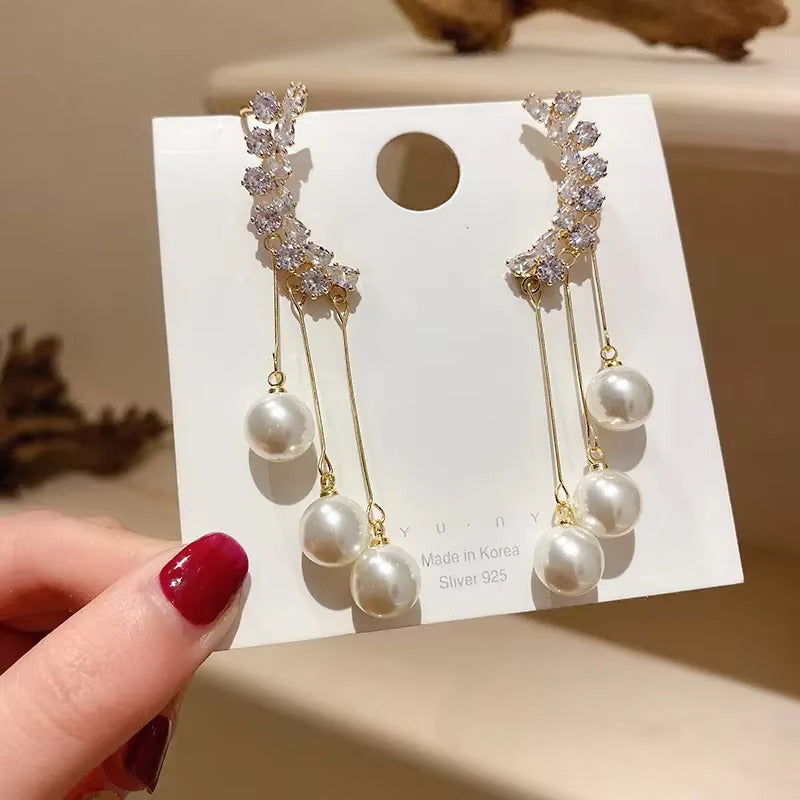 Pair Of Korean Gold-plated Trendy Design Zircon Ear Cuff With Pearl Tassel Long Earrings Ear Clip Jewellery Women and Girls