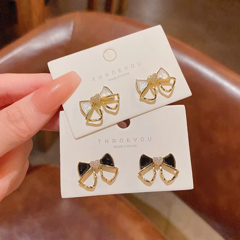 2026 Best Selling Women White & Black Bow & Heart Golden 925 Needle Earrings Korean Fashion Earring Products Cute Jewelry for Girls