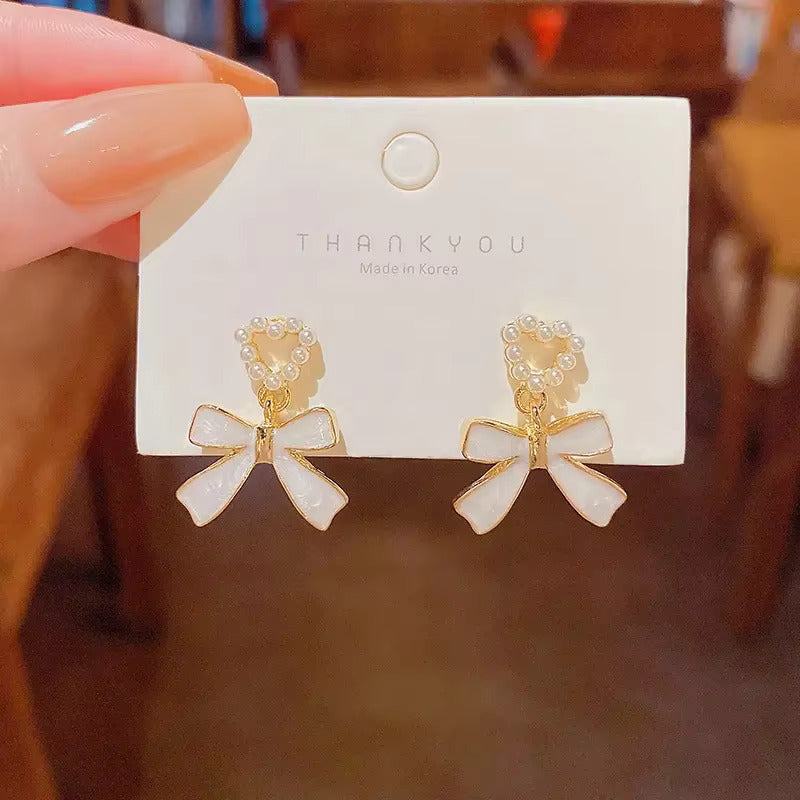 2026 Best Selling Women White Pearl Bow & Heart Earrings Korean Fashion Earring Products Cute Jewelry for Girls