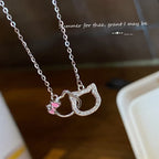 Silver Beautiful Hello Kitty Double Pendant Necklace Clavicle Chain Korean Style For Girls Korean Jewellery Gift