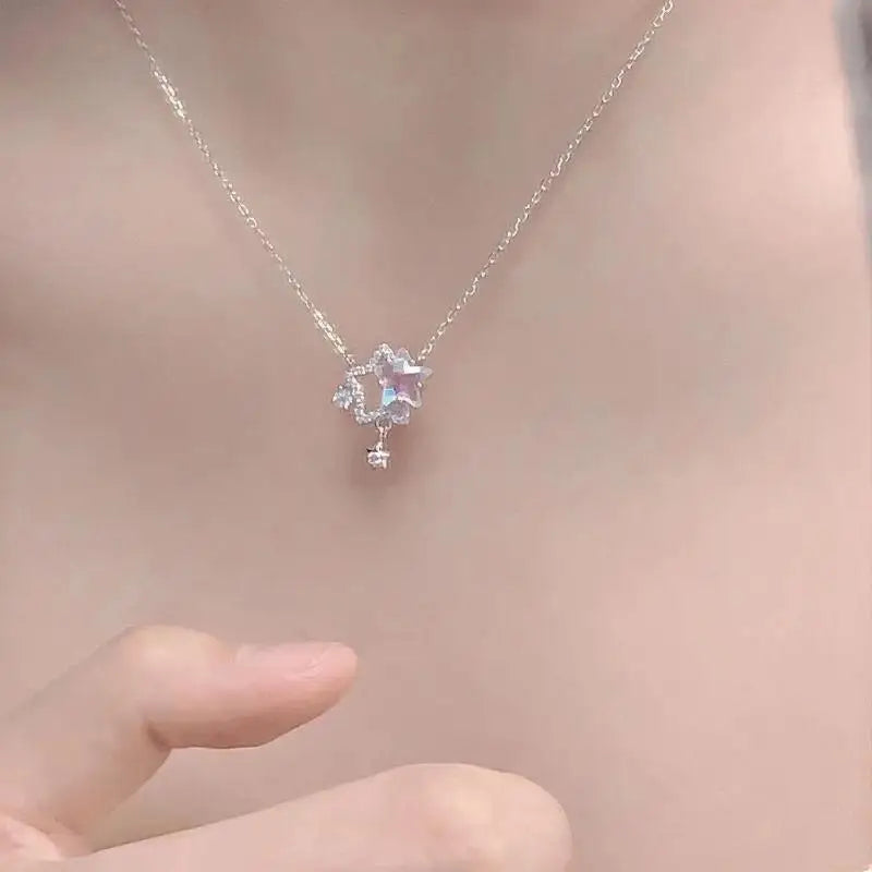 Silver Beautiful Crystal Rhinestone Double Star Pendant Necklace Clavicle Chain Korean Style For Girls Korean Jewellery Gift