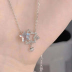 Silver Beautiful Crystal Rhinestone Double Star Pendant Necklace Clavicle Chain Korean Style For Girls Korean Jewellery Gift