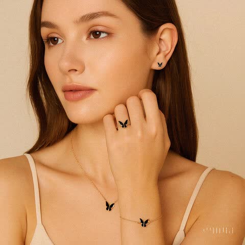 4Pcs Gold & Black Butterfly Necklace Earrings Bracelet Ring Jewelry Set For Girls Fashion Party Jewelry Daily Wear Butterfly Jewelry Set