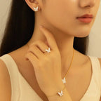 4Pcs Gold & White Butterfly Necklace Earrings Bracelet Ring Jewelry Set For Girls Fashion Party Jewelry Daily Wear Butterfly Jewelry Set