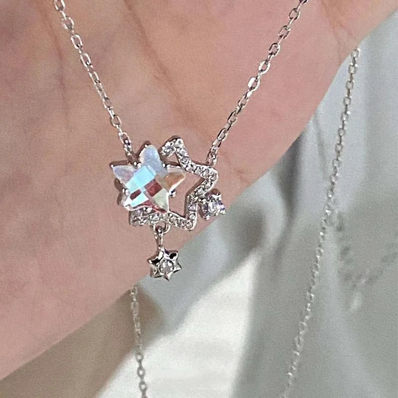 Silver Beautiful Crystal Rhinestone Double Star Pendant Necklace Clavicle Chain Korean Style For Girls Korean Jewellery Gift