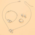 4Pcs Silver Zircon Heart Necklace Earrings Bracelet Ring Jewelry Set For Girls Fashion Party Jewelry Daily Wear Zirconia Heart Jewelry Set