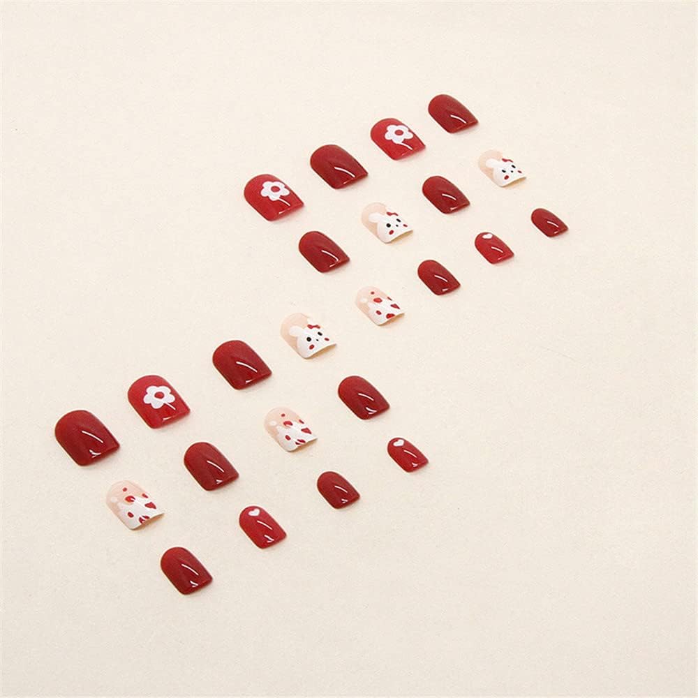 24Pcs Red & White Beautiful Trendy Fake Nails (With Glue) Set For Girls - Wearable Nails Stylish Pattern Artificial Nails For Women