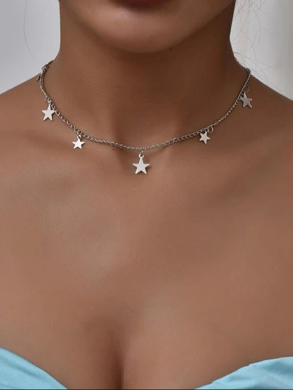 Silver Star choker Necklace Korean Jewellery For Girls - Silver Chain Neck Statement Collar Chains Choker Shining Female Choker Korean Jewellery Necklace