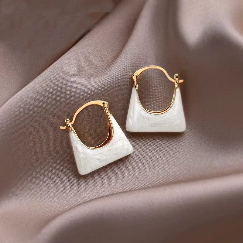 Korean Jewellery White & Gold Trendy High Grade U Shaped White Enamel Handbag Dangle Earrings For Girls