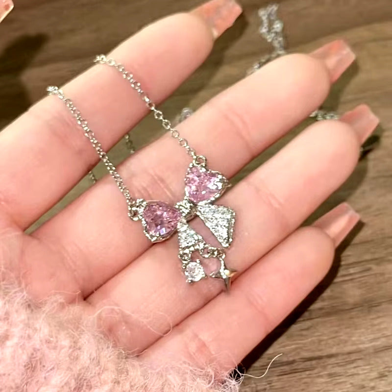 ● Korean Jewellery Pink Zircon Bow Necklace for Girls Sweet Fairy Clavicle Chain Shiny Zircon Korean Jewellery Necklace