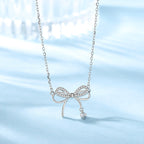 Silver Beautiful Crystal Bow Tie Zircon Pendant Necklace Clavicle Chain Korean Style For Girls Korean Jewellery