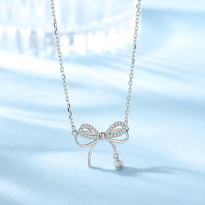 Silver Beautiful Crystal Bow Tie Zircon Pendant Necklace Clavicle Chain Korean Style For Girls Korean Jewellery