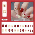24Pcs Red & White Beautiful Trendy Fake Nails (With Glue) Set For Girls - Wearable Nails Stylish Pattern Artificial Nails For Women
