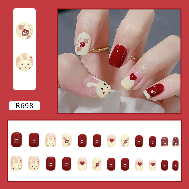 24Pcs Red & White Beautiful Trendy Fake Nails (With Glue) Set For Girls - Wearable Nails Stylish Pattern Artificial Nails For Women