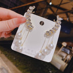 Pair Of Korean Gold-plated Trendy Design Zircon Ear Cuff With Pearl Tassel Long Earrings Ear Clip Jewellery Women and Girls