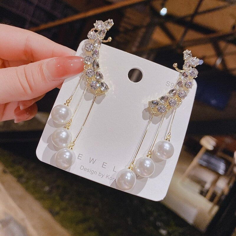 Pair Of Korean Gold-plated Trendy Design Zircon Ear Cuff With Pearl Tassel Long Earrings Ear Clip Jewellery Women and Girls