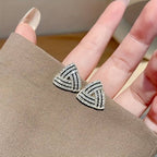 Korean Jewellery Triangle Full Crystal Rhinestone Stud Earrings Special Geometric Black Stripe Diamond Stud Earring For Girls | S925 Needle