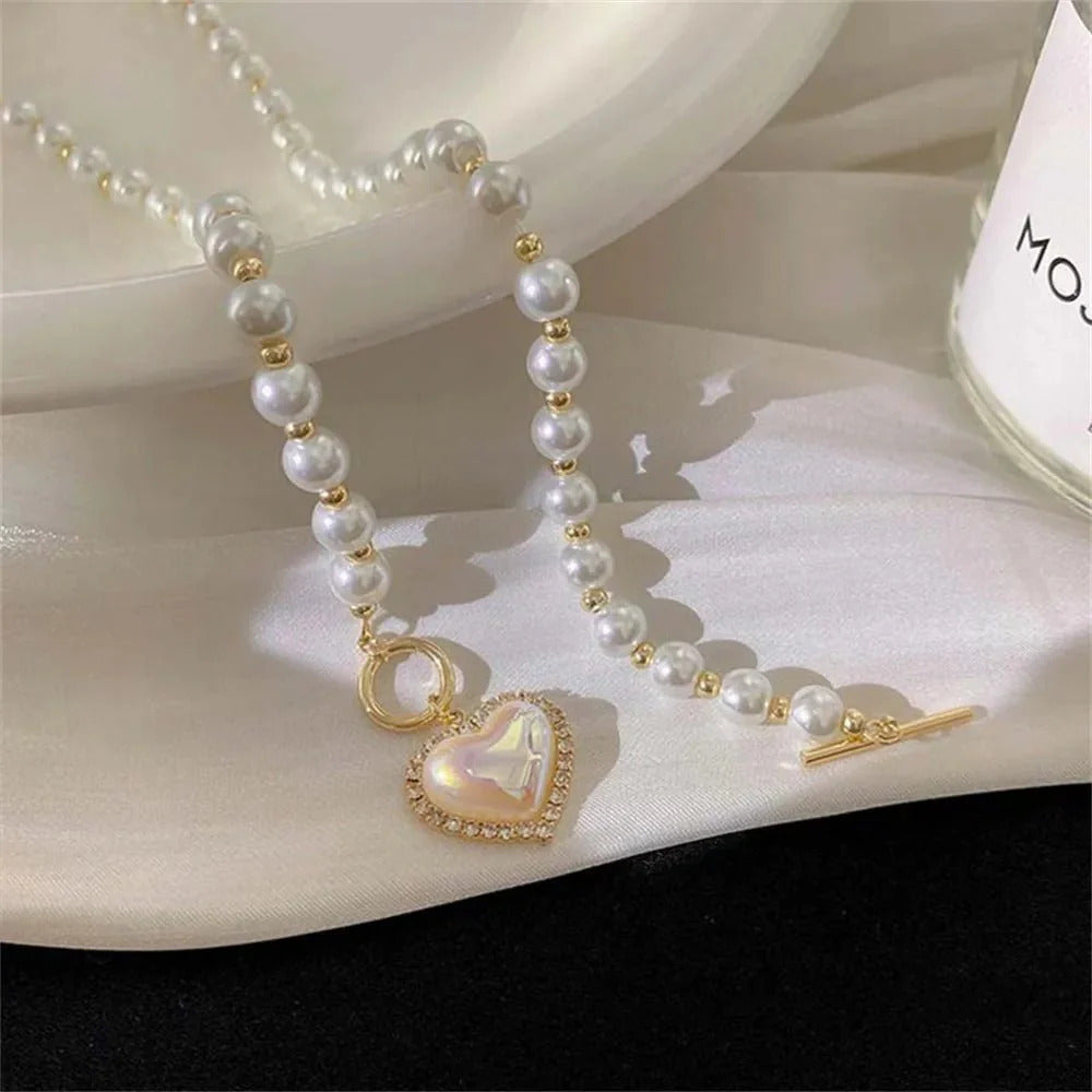 Luxury Elegance Pearl Chain heart pendant Necklace for Girls Stylish | Jewellery for Girls - Korean Jewellery