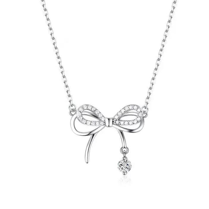 Silver Beautiful Crystal Bow Tie Zircon Pendant Necklace Clavicle Chain Korean Style For Girls Korean Jewellery