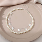 Silver Pearl Butterfly Double Layer Korean Jewellery Choker Necklace Jewellery For Girls- Silver Chain Neck Statement Collar Chains Choker Shining Female Choker Korean Jewellery