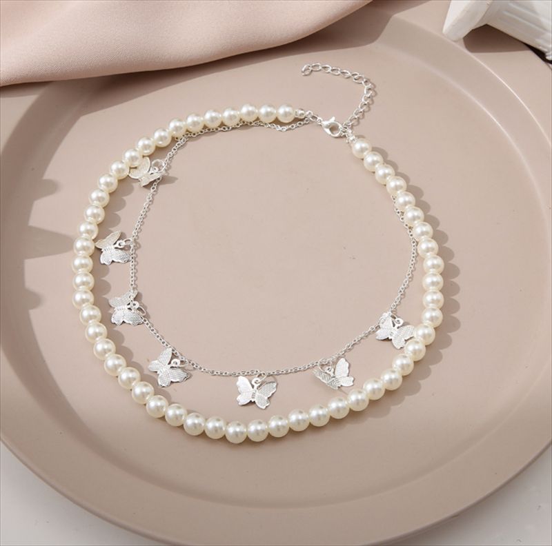 Silver Pearl Butterfly Double Layer Korean Jewellery Choker Necklace Jewellery For Girls- Silver Chain Neck Statement Collar Chains Choker Shining Female Choker Korean Jewellery