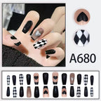 24Pcs Black & White Beautiful HeartTrendy Fake Nails (With Glue) Set For Girls - Wearable Nails Stylish Pattern Artificial Long Nails For Women
