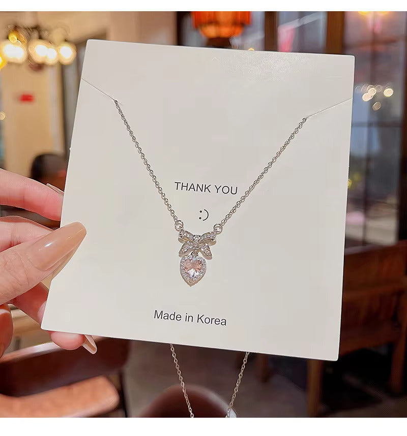 Korean Jewellery Pink Zircon Bow & Heart Necklace for Girls Sweet Fairy Clavicle Chain Shiny Zircon Korean Jewellery Necklace - Aesthetic Bowknot Love Zircon Pendant Women Necklaces