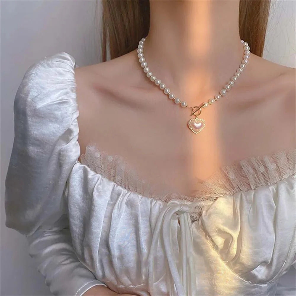 Luxury Elegance Pearl Chain heart pendant Necklace for Girls Stylish | Jewellery for Girls - Korean Jewellery