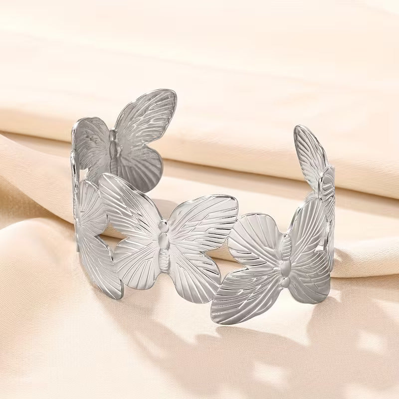 2026 Gold & Silver NEW Trendy Butterfly Adjustable Chunky Bangle Bracelet For Girls Gold Metal butterfly Open Cuff Bangle Bracelet For Women