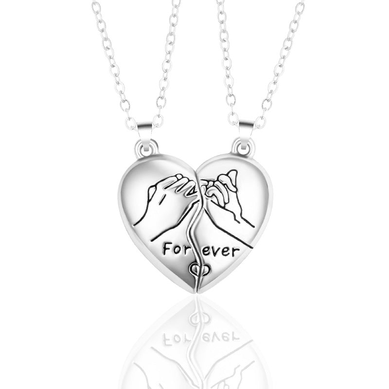 2 pcs Magnetic Heavy Metal Heart Shape HandDesing ForeverText Pendant Necklace gift for Friends Couples Korean Jewellery