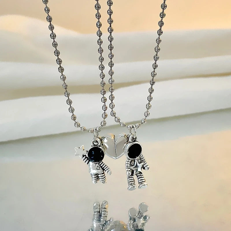 2 Pcs Beautiful Astronaut & Heart Magnetic Necklaces For Couple - Korean Jewellery For Girls